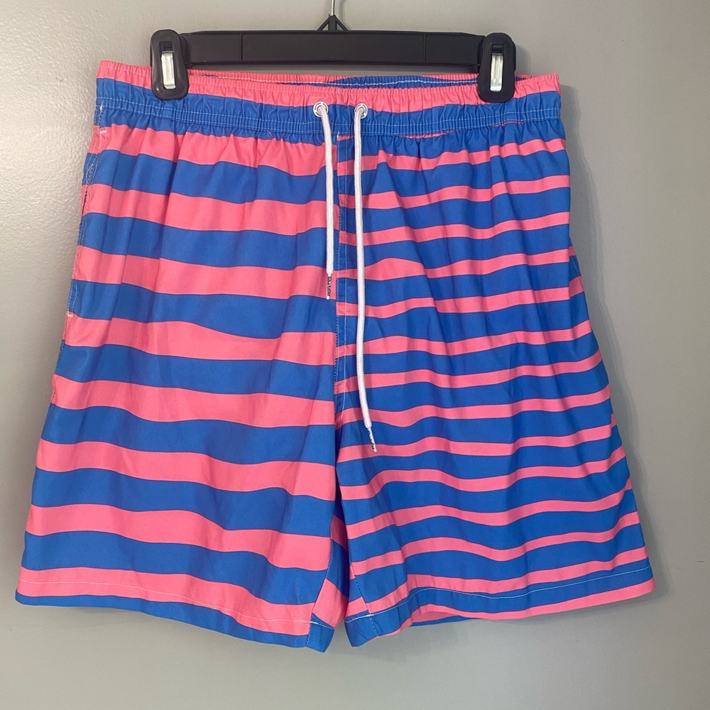 Mens Boardies, Blue and Pink Striped Swim Shorts. Size Large. NWOT.